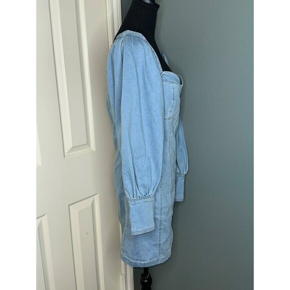 Nichole Lynel Denim Off Shoulder Sweetheart Neckline Puff Sleeve Mini Dress NWT - Picture 4 of 14